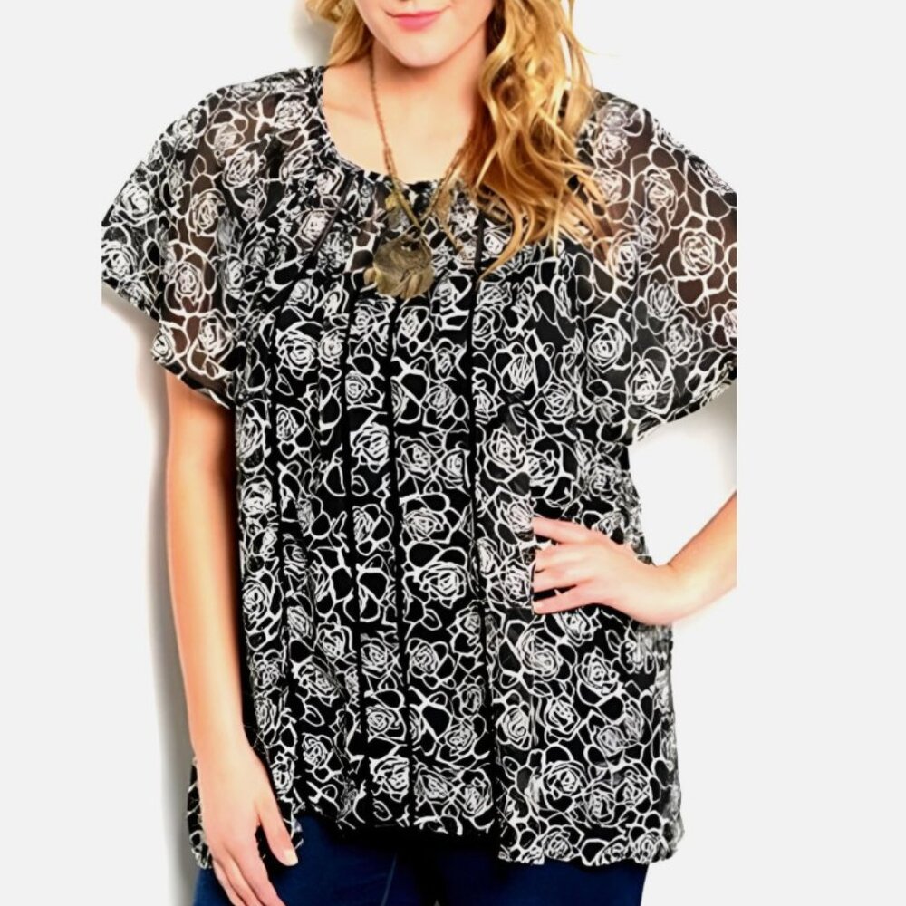 Super B Ladies Sheer Tunic Top Flutter-Sleeve Black Ivory Floral Plus Size 2XL